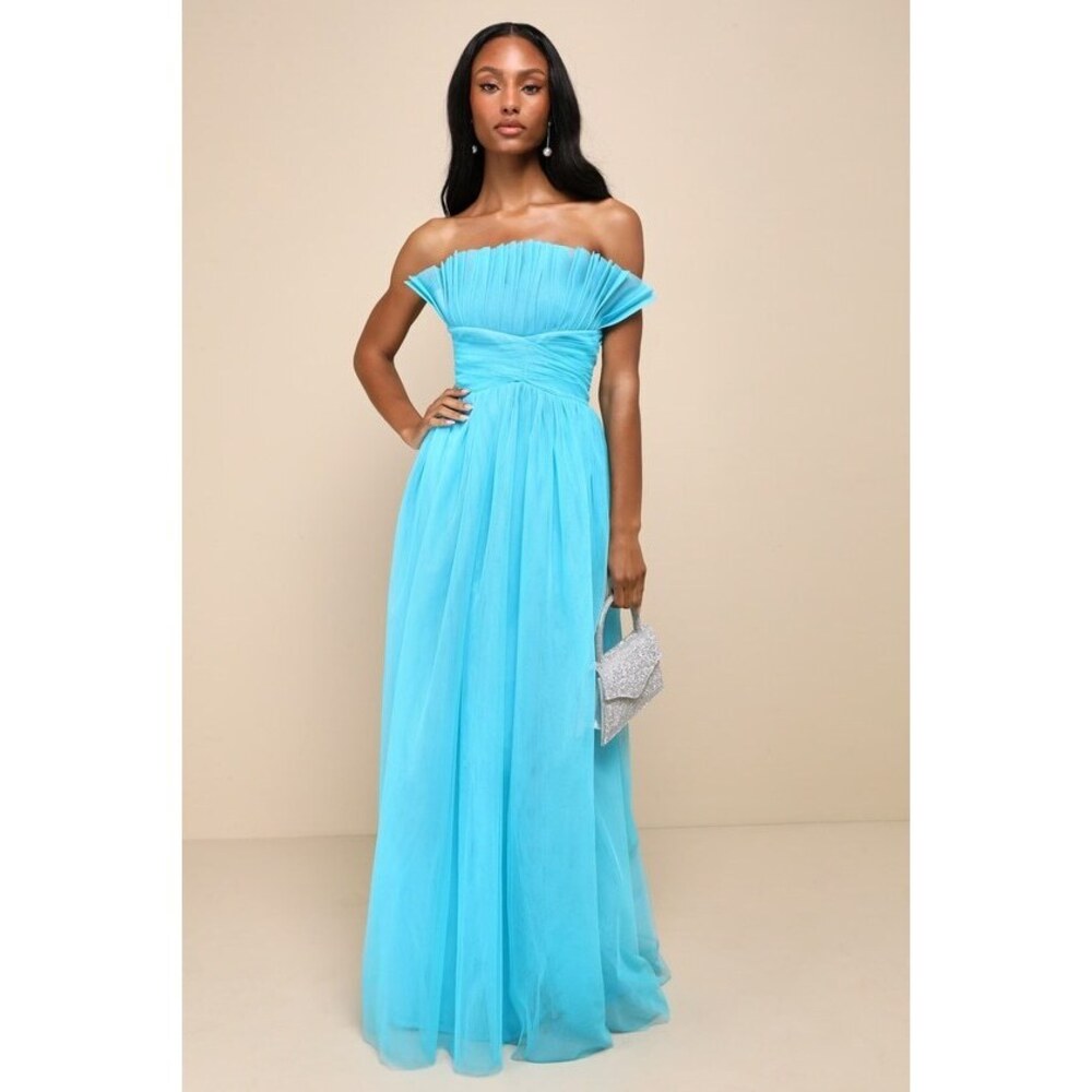 Lulus Undeniably Iconic Teal Blue Tulle Pleated Strapless Maxi Dress - Size M